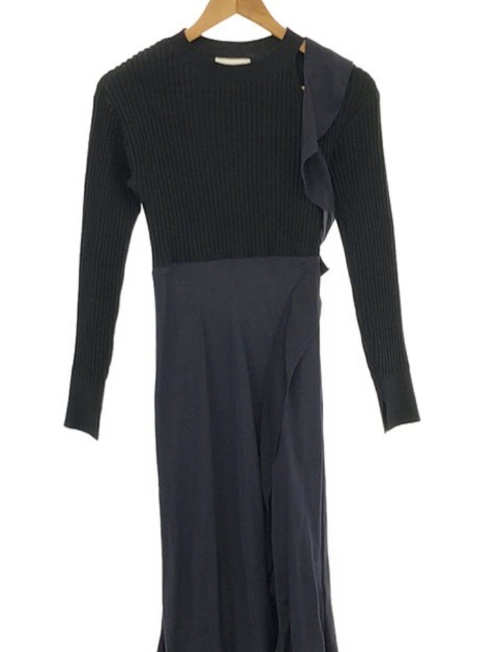 3.1 Phillip Lim Long Sleeve Two-Tone Black Navy Midi Dress with Ruffle Detail